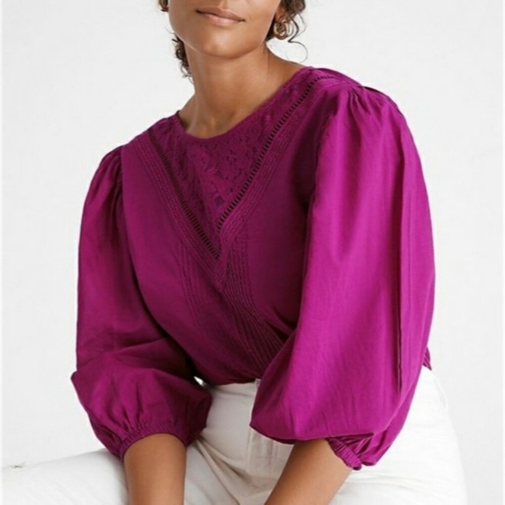 Farm Rio Anthropologie Kelsie Peasant Puff Sleeve Cotton Blend Blouse Top